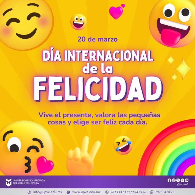 🌼✨ Día Internacional de la Felicidad ✨🌼

Hoy celebramos la importancia de sonreír, compartir y valorar los pequeños momentos que hacen grande nuestra vida. 

La felicidad no solo se encuentra en los logros, sino también en la compañía, en los sueños y en cada paso que damos hacia un mejor futuro. 💛

En nuestra comunidad, promovemos la alegría, el bienestar y la unión 😄 Construyamos juntos espacios llenos de energía positiva, armonía y felicidad! ✨

#DíaInternacionalDeLaFelicidad
#SomosUPVE
#PorElDesarrolloYLaGrandeza
#SomosDelfinesUPVE