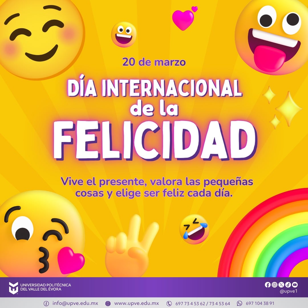 🌼✨ Día Internacional de la Felicidad ✨🌼

Hoy celebramos la importancia de sonreír, compartir y valorar los pequeños momentos que hacen grande nuestra vida. 

La felicidad no solo se encuentra en los logros, sino también en la compañía, en los sueños y en cada paso que damos hacia un mejor futuro. 💛

En nuestra comunidad, promovemos la alegría, el bienestar y la unión 😄 Construyamos juntos espacios llenos de energía positiva, armonía y felicidad! ✨

#DíaInternacionalDeLaFelicidad
#SomosUPVE
#PorElDesarrolloYLaGrandeza
#SomosDelfinesUPVE