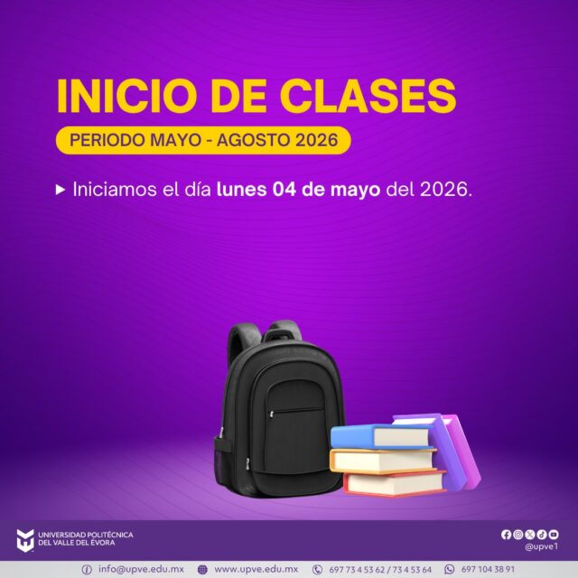 Inicio de clases | Periodo mayo - agosto 2026 📙✏️

La Universidad Politécnica del Valle del Évora informa a su comunidad estudiantil que el regreso a clases será el lunes 04 de mayo de 2026.

¡Bienvenidos sean todos y todas! 💜🐬

#SomosUPVE
#PorElDesarrolloYLaGrandeza
#SomosDelfinesUPVE