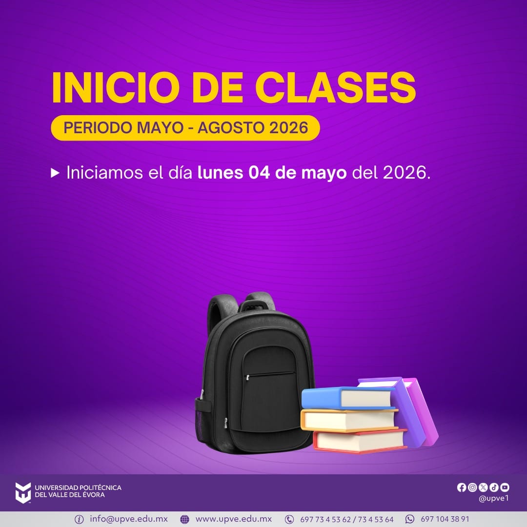 Inicio de clases | Periodo mayo - agosto 2026 📙✏️

La Universidad Politécnica del Valle del Évora informa a su comunidad estudiantil que el regreso a clases será el lunes 04 de mayo de 2026.

¡Bienvenidos sean todos y todas! 💜🐬

#SomosUPVE
#PorElDesarrolloYLaGrandeza
#SomosDelfinesUPVE