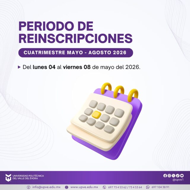 📢 ¡ATENCIÓN COMUNIDAD ESTUDIANTIL! 

Se les invita a realizar su proceso de reinscripción al cuatrimestre mayo - agosto 2026.

✍️ Del lunes 04 al viernes 08 de mayo del 2026.

¡Les esperamos! 💜

#SomosUPVE
#PorElDesarrolloYLaGrandeza
#SomosDelfinesUPVE
