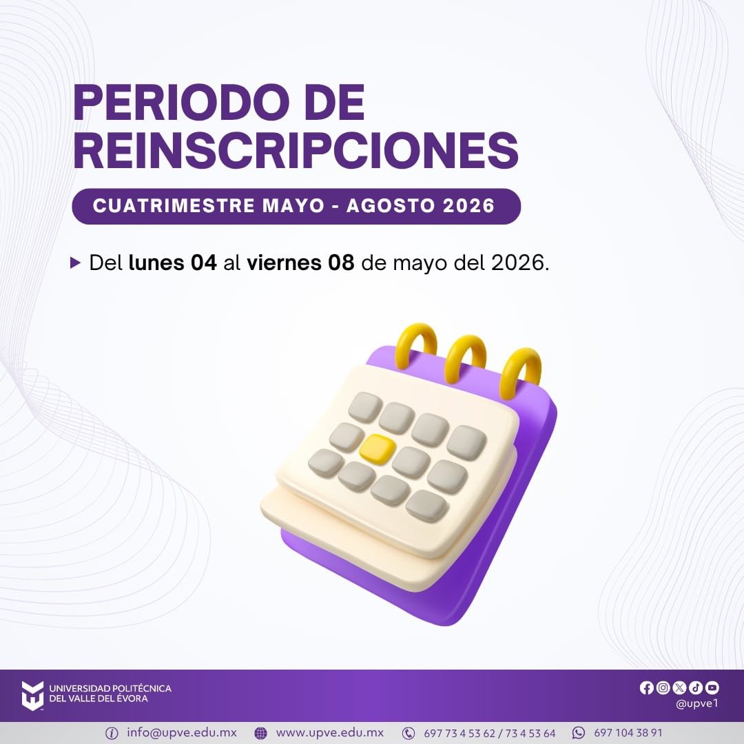 📢 ¡ATENCIÓN COMUNIDAD ESTUDIANTIL! 

Se les invita a realizar su proceso de reinscripción al cuatrimestre mayo - agosto 2026.

✍️ Del lunes 04 al viernes 08 de mayo del 2026.

¡Les esperamos! 💜

#SomosUPVE
#PorElDesarrolloYLaGrandeza
#SomosDelfinesUPVE