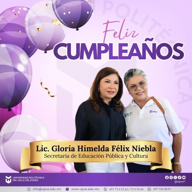 A nombre de la comunidad universitaria UPVE, la Dra. Imelda Zayas Barreras, rectora; felicita ampliamente a la Licenciada Gloria Himelda Felix Niebla por sumar un aniversario más de vida.

¡𝙁𝙚𝙡𝙞𝙯 𝙘𝙪𝙢𝙥𝙡𝙚𝙖ñ𝙤𝙨! 🥳💐

@gloriahimelda01 
#SomosUPVE
#PorElDesarrolloYLaGrandeza
#SomosDelfinesUPVE