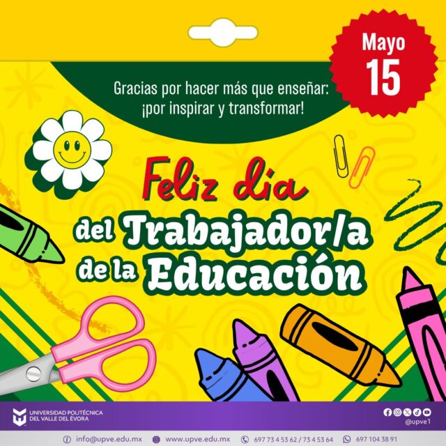 📚✨ Este 15 de mayo, en el Día del Trabajador y la Trabajadora de la Educación, la UPVE reconoce y felicita a todo su personal por el compromiso, esfuerzo y dedicación que día con día brindan en la formación de nuestras y nuestros estudiantes.
Gracias por ser parte fundamental del crecimiento académico y humano de nuestra comunidad universitaria. Su trabajo inspira, transforma y deja huella en cada generación.
👩🏫👨🏫 ¡Feliz Día del Trabajador y la Trabajadora de la Educación!
#SomosUPVE
#PorElDesarrolloYLaGrandeza
#SomosDelfinesUPVE