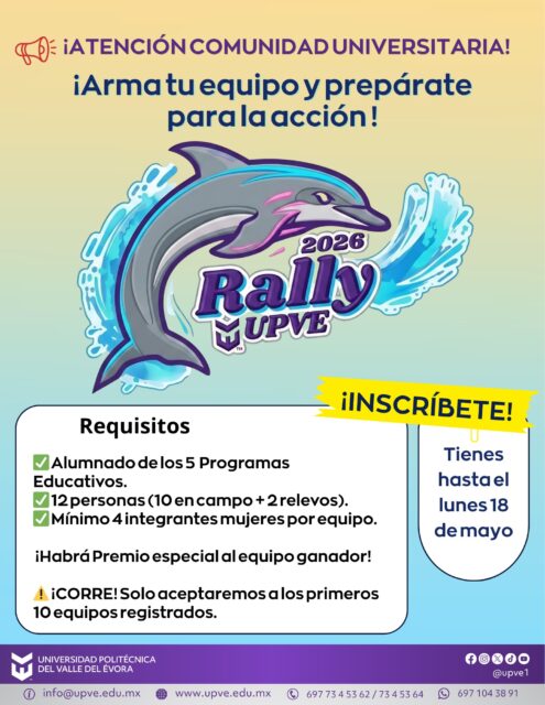 🏀⚽ ¡La diversión están por comenzar! 🔥

La UPVE invita a toda la comunidad estudiantil a participar en el gran Rally Deportivo, que se llevará a cabo el próximo viernes 22 de mayo. 🙌💜

Forma tu equipo, demuestra tus habilidades y prepárate para vivir una jornada llena de energía, compañerismo y espíritu deportivo. 🏅✨

✍️ Inscripciones abiertas con la Lic. María Juana Guerra Medina.
⏳ Fecha límite de inscripción: Lunes 18 de mayo.

¡No te quedes fuera y sé parte de esta gran experiencia! 💪🐬

#SomosUPVE
#PorElDesarrolloYLaGrandeza
#SomosDelfinesUPVE