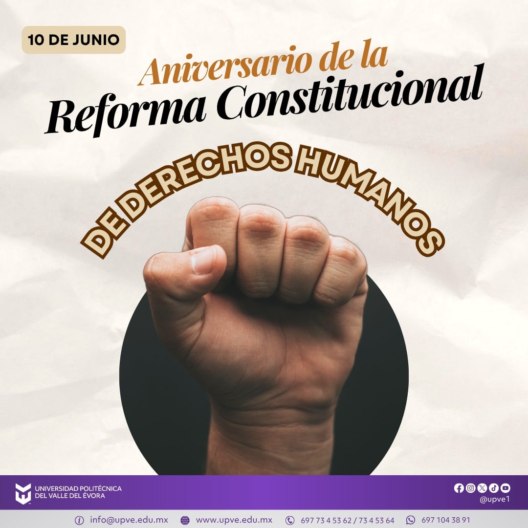 10 de junio | Aniversario de la Reforma Constitucional en Derechos Humanos 📜⚖️
Hoy conmemoramos el aniversario de la Reforma Constitucional en Derechos Humanos, un acontecimiento histórico que fortaleció el compromiso de nuestro país con la promoción, protección y respeto de la dignidad humana.
Esta reforma representó un paso trascendental al reconocer que todas las personas deben gozar plenamente de sus derechos, promoviendo una sociedad más justa, incluyente y respetuosa de la igualdad y la no discriminación.
Desde la educación, reafirmamos la importancia de fomentar una cultura de paz, respeto y defensa de los derechos humanos, contribuyendo a la formación de ciudadanas y ciudadanos comprometidos con el bienestar colectivo.
Conocer nuestros derechos es el primer paso para ejercerlos y defenderlos.
#DerechosHumanos
#ReformaConstitucional
#SomosUPVE
#PorElDesarrolloYLaGrandeza
#SomosDelfinesUPVE