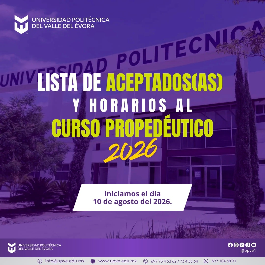 📢 ¡Atención, aspirantes de nuevo ingreso de nivel licenciatura!
Ya puedes consultar la lista de aspirantes aceptados(as) para el Curso Propedéutico y los horarios.
Consulta los resultados en el siguiente enlace:
🔗 https://www.upve.edu.mx/2026/07/aspirantes-aceptados-as-y-horarios-curso-propedeutico-2026/
💜 Felicitamos a quienes forman parte de esta nueva generación y les damos la más cordial bienvenida a la familia UPVE. Estamos seguros de que esta será una etapa llena de aprendizaje, crecimiento y grandes oportunidades. 🐬
#SomosUPVE
#PorElDesarrolloYLaGrandeza
#SomosDelfinesUPVE