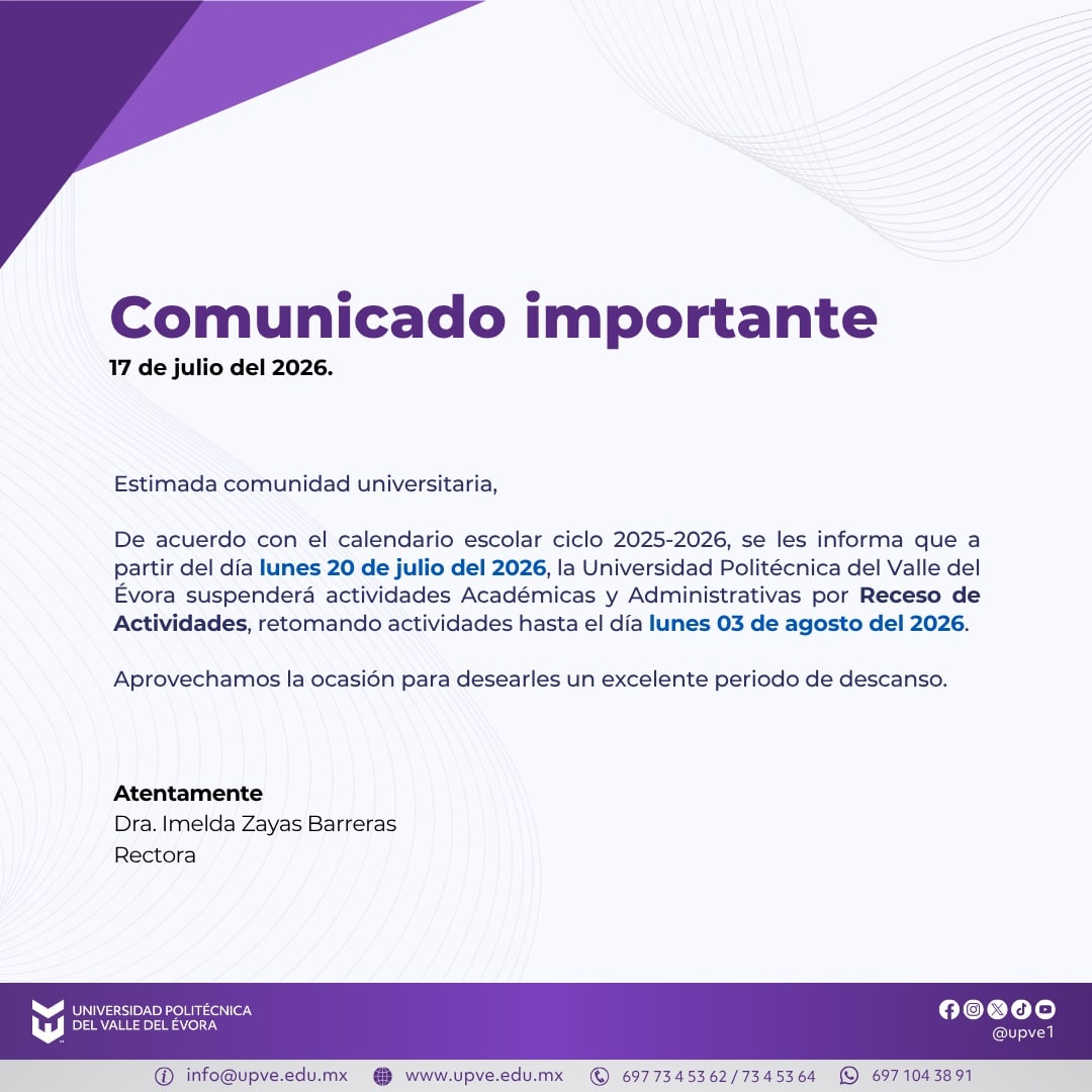 📢 COMUNICADO IMPORTANTE.
A toda la comunidad UPVE, por Receso de Actividades se suspenden actividades Académicas y Administrativas a partir del día lunes 20 de julio de 2026, retomando actividades hasta el día 03 de agosto de 2026.
#SomosUPVE
#PorElDesarrolloYLaGrandeza
#SomosDelfinesUPVE