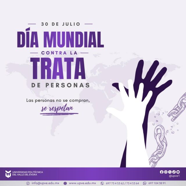 30 de julio | Día Mundial contra la Trata de Personas.
El Día Mundial contra la Trata de Personas, es una fecha que nos invita a reflexionar sobre una de las violaciones más graves a los derechos humanos.
La trata de personas vulnera la libertad, la dignidad y la integridad de miles de personas en el mundo. La prevención comienza con la información, la sensibilización y el compromiso de toda la sociedad.
Hoy hacemos un llamado a promover una cultura de respeto, solidaridad y denuncia. Informarnos, identificar las señales de alerta y actuar de manera responsable puede marcar la diferencia y ayudar a proteger vidas.
💜 Las personas no se compran, no se venden y no se explotan. Sus derechos se respetan.
#DíaMundialContraLaTrataDePersonas
#SomosUPVE
#PorElDesarrolloYLaGrandeza
#SomosDelfinesUPVE