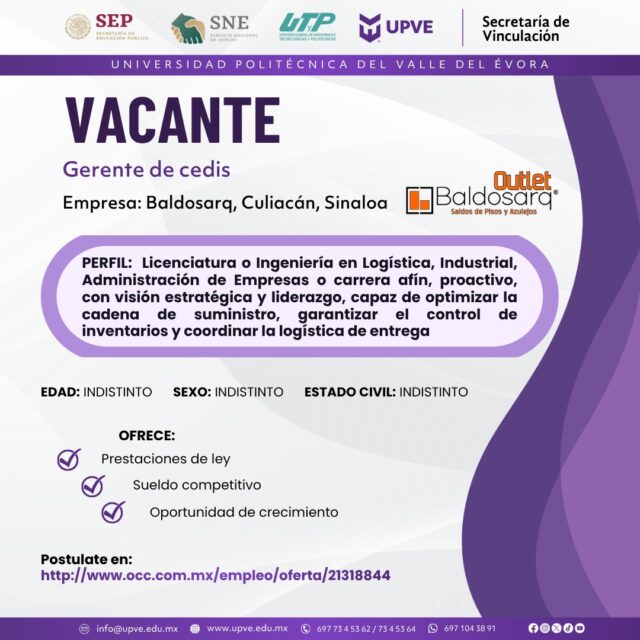📢 ATENCIÓN Egresados y egresadas de Licenciatura en Administración y Gestión Empresarial. 📊
VACANTE | Gerente de cedis.
La empresa Baldosarq, con cedis en Culiacán, Sin., está en busca de talento enfocado en el perfil de Licenciatura en Administración o carreras afines, para el cargo de "Gerente de cedis".
Si le interesa esta oportunidad visite el enlace para más información:
🔗 https://www.occ.com.mx/empleo/oferta/21318844
#SomosUPVE
#PorElDesarrolloYLaGrandeza
#SomosDelfinesUPVE