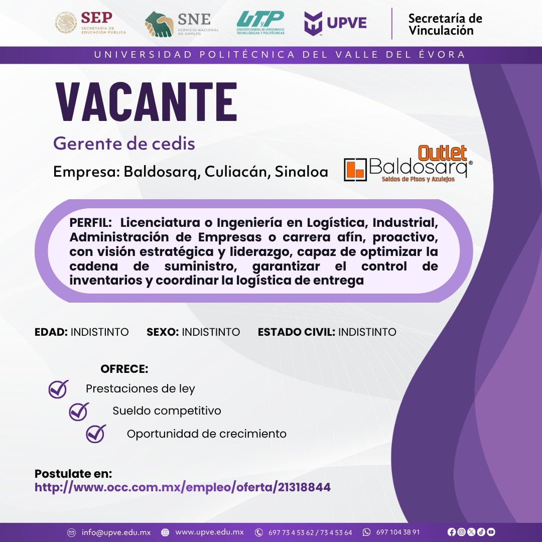 📢 ATENCIÓN Egresados y egresadas de Licenciatura en Administración y Gestión Empresarial. 📊
VACANTE | Gerente de cedis.
La empresa Baldosarq, con cedis en Culiacán, Sin., está en busca de talento enfocado en el perfil de Licenciatura en Administración o carreras afines, para el cargo de "Gerente de cedis".
Si le interesa esta oportunidad visite el enlace para más información:
🔗 https://www.occ.com.mx/empleo/oferta/21318844
#SomosUPVE
#PorElDesarrolloYLaGrandeza
#SomosDelfinesUPVE