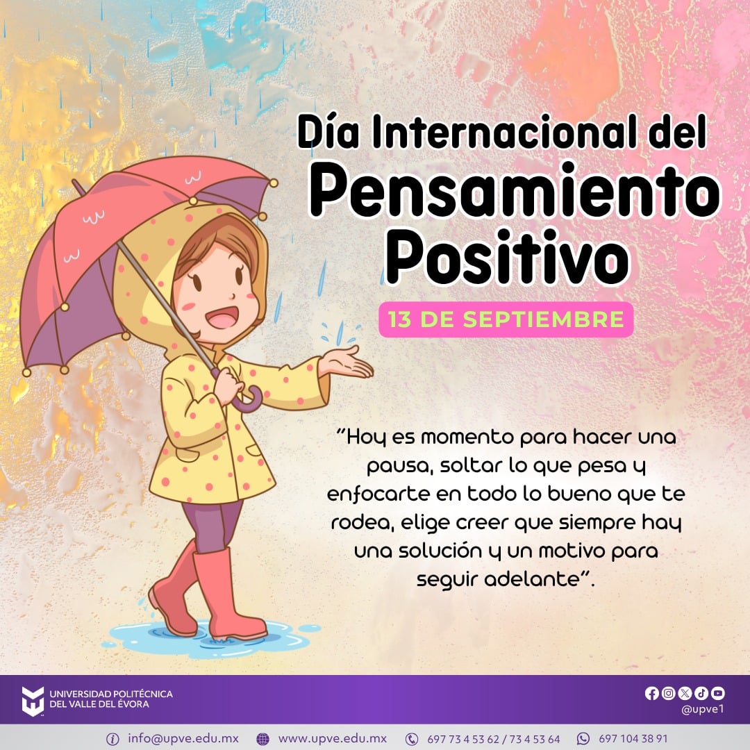 🌟🧠 13 de septiembre | Día Internacional del Pensamiento Positivo 🧠🌟
Hoy es una oportunidad para recordar el poder que tienen nuestros pensamientos en la manera en que enfrentamos los retos de cada día. 💜✨
Pensar positivo no significa ignorar las dificultades, sino aprender de ellas, confiar en nuestras capacidades y encontrar nuevas oportunidades para seguir adelante.
#DíaInternacionaldelPensamientoPositivo
#SomosUPVE
#PorElDesarrolloYLaGrandeza
#SomosDelfinesUPVE