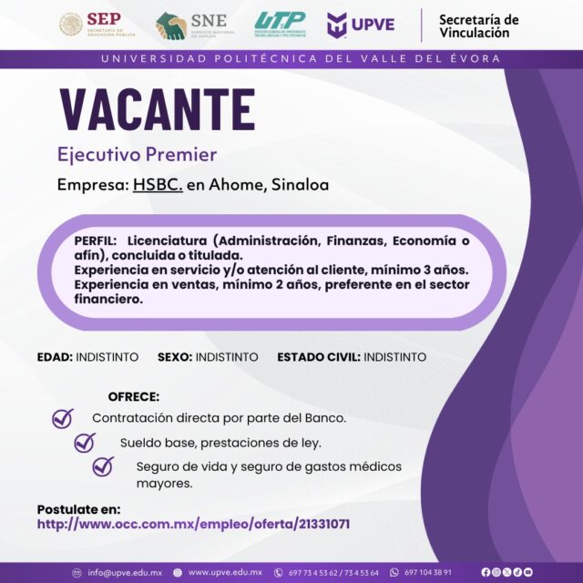 📢 ATENCIÓN Egresados y egresadas de Licenciatura en Administración y Gestión Empresarial. 📊
VACANTE | Ejecutivo Premie.
La empresa HSBC, con cedis en Ahome, Sin., está en busca de talento enfocado en el perfil de Licenciatura en Administración o carreras afines, para el cargo de "Ejecutivo Premier".
Si le interesa esta oportunidad visite el enlace para más información:
🔗 http://www.occ.com.mx/empleo/oferta/21331071
#SomosUPVE
#PorElDesarrolloYLaGrandeza
#SomosDelfinesUPVE