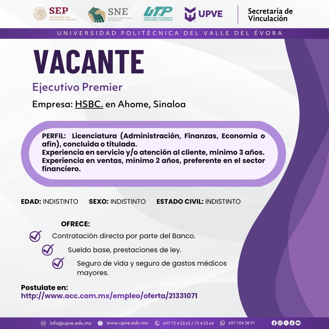 📢 ATENCIÓN Egresados y egresadas de Licenciatura en Administración y Gestión Empresarial. 📊
VACANTE | Ejecutivo Premie.
La empresa HSBC, con cedis en Ahome, Sin., está en busca de talento enfocado en el perfil de Licenciatura en Administración o carreras afines, para el cargo de "Ejecutivo Premier".
Si le interesa esta oportunidad visite el enlace para más información:
🔗 http://www.occ.com.mx/empleo/oferta/21331071
#SomosUPVE
#PorElDesarrolloYLaGrandeza
#SomosDelfinesUPVE