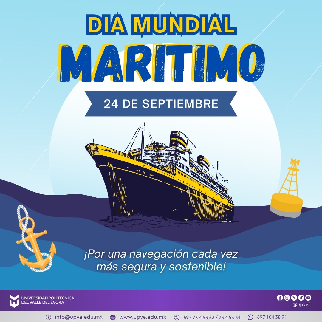 24 DE SEPTIEMBRE | DÍA MARÍTIMO MUNDIAL 🌊⚓
El Día Marítimo Mundial se celebra cada año el último jueves de septiembre para destacar la importancia del transporte marítimo, la seguridad en la navegación y la protección de los océanos. 🌎
Cuidar nuestros ecosistemas marinos es responsabilidad de todas y todos. 🌱🌊
#DíaMarítimoMundial
#SomosUPVE
#PorElDesarrolloYLaGrandeza
#SomosDelfinesUPVE