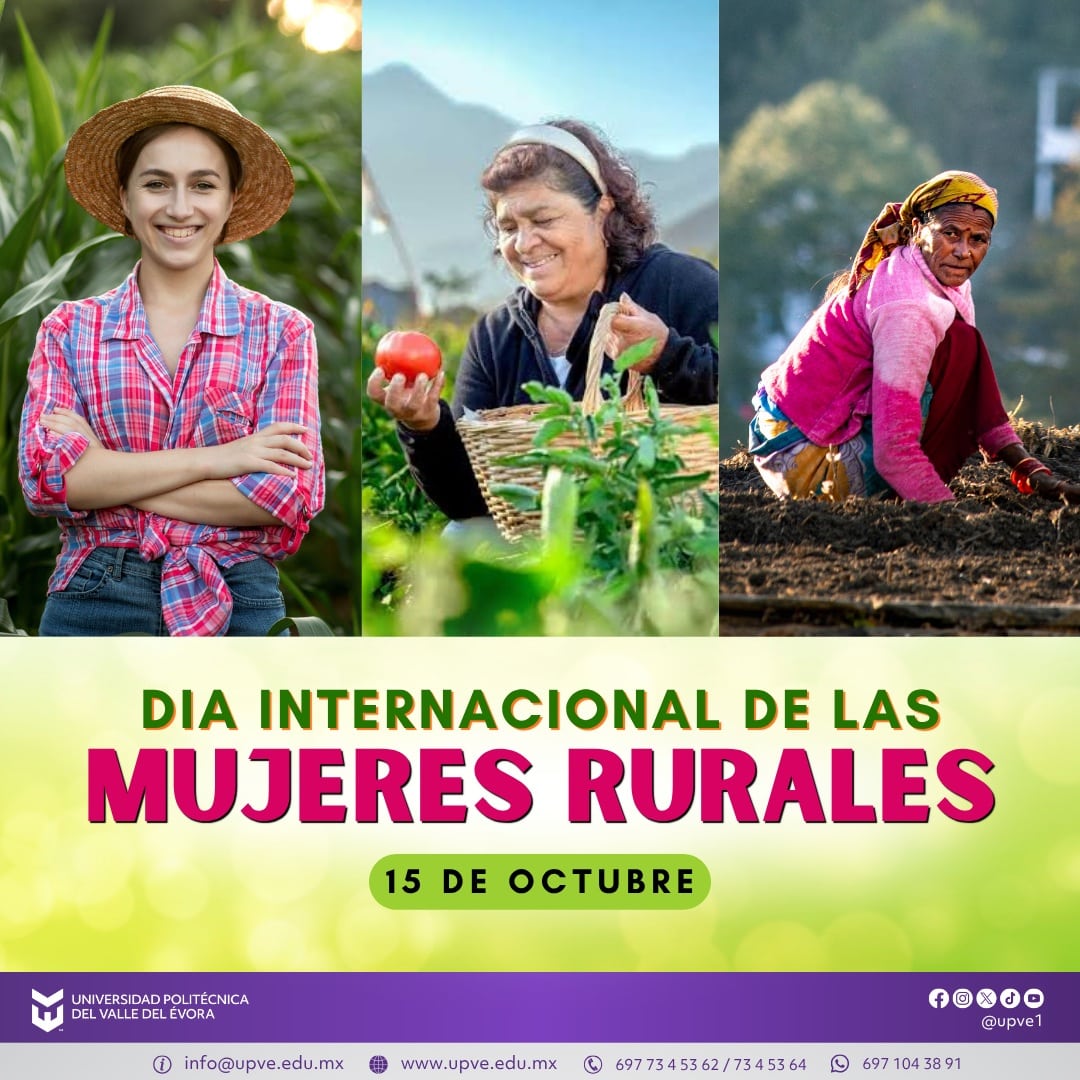 15 de octubre | Día Internacional de las Mujeres Rurales. 🌾
Hoy reconocemos y celebramos la fuerza, el trabajo y la dedicación de las mujeres rurales, quienes desempeñan un papel fundamental en la agricultura, la seguridad alimentaria, la conservación de los recursos naturales y el desarrollo de sus comunidades. 🌱👩🏻🌾
Su esfuerzo, conocimientos y liderazgo contribuyen a construir un futuro más sostenible, justo e igualitario. Reconocer su labor también significa impulsar la igualdad de oportunidades, el acceso a la educación y mejores condiciones para su desarrollo.
#DíaInternacionalDeLasMujeresRurales
#SomosUPVE
#PorElDesarrolloYLaGrandeza
#SomosDelfinesUPVE