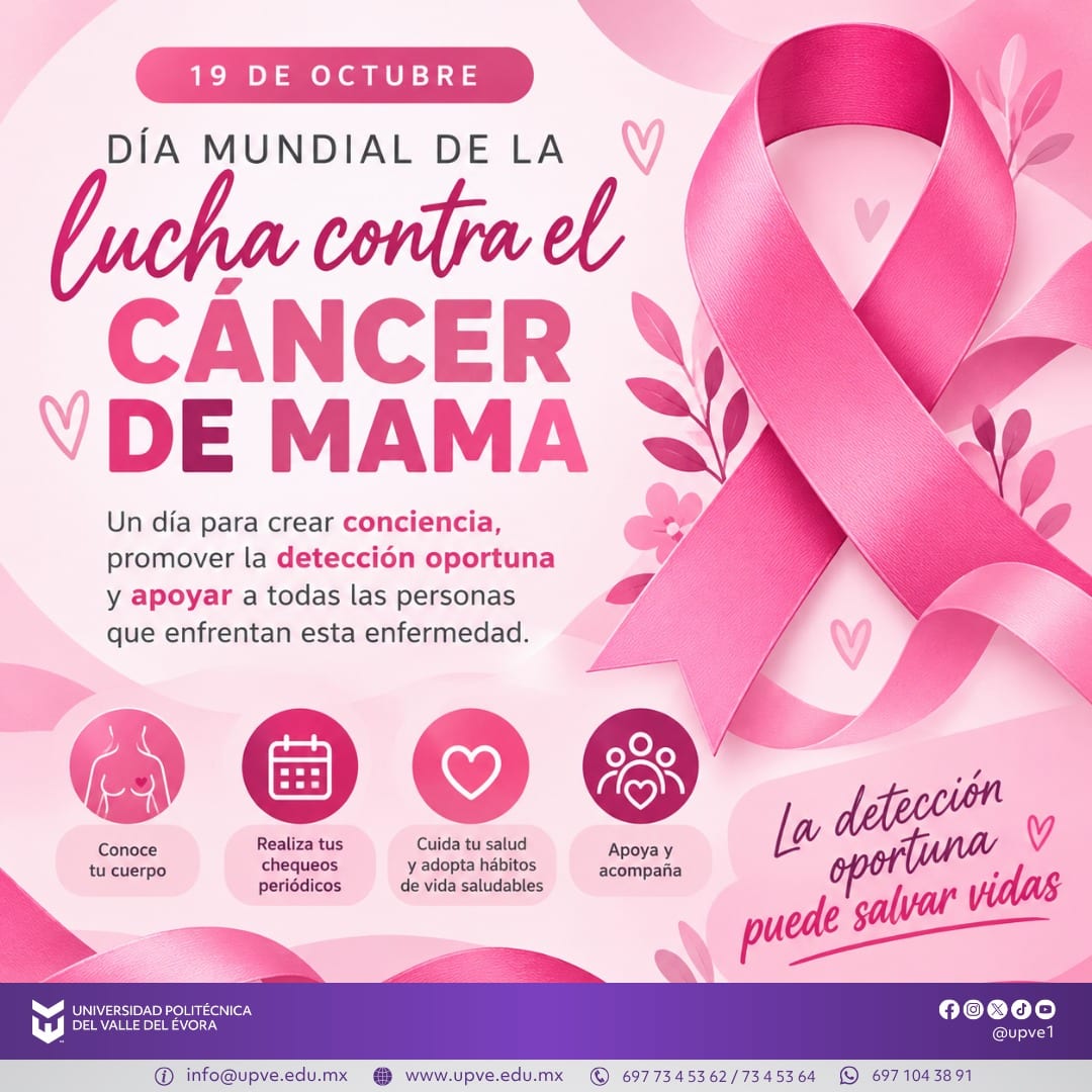 🎀💗 19 DE OCTUBRE | DÍA MUNDIAL DE LA LUCHA CONTRA EL CÁNCER DE MAMA 💗🎀
En el marco del Día Mundial de la Lucha contra el Cáncer de Mama, recordamos la importancia de la prevención, la autoexploración y la detección oportuna para cuidar nuestra salud y salvar vidas.
Conocer tu cuerpo, realizarte revisiones periódicas y acudir a profesionales de la salud puede hacer la diferencia.
Hoy, unimos nuestras voces para crear conciencia, brindar apoyo y solidaridad a quienes enfrentan esta enfermedad. ¡La detección temprana es una esperanza de vida! 🎗️
#DíaMundialContraElCáncerDeMama
#OctubreRosa
#DetecciónOportuna
#Prevención
#SomosUPVE
#PorElDesarrolloYLaGrandeza
#SomosDelfinesUPVE