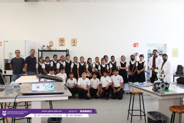 🔬 ¡Del aula al laboratorio! Estudiantes descubren el fascinante mundo de las células 🧬
Estudiantes del grupo 1.º A de la Escuela Secundaria “Prof. Melquiades Camacho Encines”, acompañados por su profesor Danilo Castro Ochoa, realizaron una visita a las instalaciones de la UPVE, donde fueron recibidos y guiados por el Dr. Héctor Reyes Tapia y el Ing. Javier Eduardo Zavala López.
Durante la visita, las y los estudiantes participaron en la práctica de laboratorio “Importancia del microscopio para el conocimiento de la unidad y diversidad de los seres vivos”, correspondiente a la materia de Biología. El objetivo fue que, mediante el uso del microscopio, conocieran la estructura y las funciones básicas de la célula, fortaleciendo sus conocimientos científicos a través de la observación y la experimentación.
#SomosUPVE
#PorElDesarrolloYLaGrandeza
#SomosDelfinesUPVE