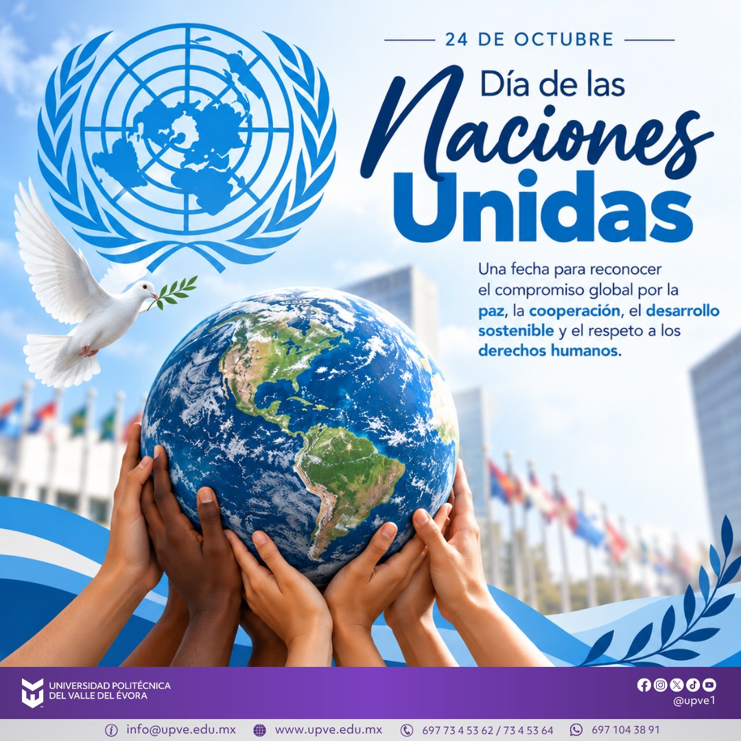 🌎 24 DE OCTUBRE | DÍA DE LAS NACIONES UNIDAS 🕊️
Hoy conmemoramos el Día de las Naciones Unidas, una fecha que nos invita a fortalecer el compromiso con la paz, la cooperación internacional, el desarrollo sostenible y el respeto a los derechos humanos.
Construir un mundo más justo, solidario e inclusivo es una responsabilidad compartida. ¡La unión y la colaboración son clave para un futuro mejor! 💙🤝
#DíaDeLasNacionesUnidas
#SomosUPVE
#PorElDesarrolloYLaGrandeza
#SomosDelfinesUPVE