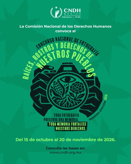 🟢 C O N V O C A T O R I A

La Comisión Nacional de los Derechos Humanos (CNDH), a través de la Secretaría Técnica del Consejo Consultivo, convoca a las y los estudiantes de educación superior (licenciatura) inscritos en instituciones públicas y particulares de la República Mexicana a participar en la Primera Edición del Concurso Nacional de Fotografía “Raíces, Rostros y Derechos de Nuestros
Pueblos”, con el propósito de fomentar, a través de la fotografía, una reflexión creativa y crítica sobre la memoria, la identidad y los derechos humanos.

Eje temático: Memoria, Identidad y Derechos Humanos, las personas participantes podrán presentar fotografías inéditas que, como narrativas visuales, documenten las expresiones culturales, los saberes, las tradiciones, las lenguas, los territorios
y las formas de vida que dan identidad a los pueblos y comunidades de México, reconociendo la diversidad cultural como una manifestación viva de la dignidad humana, la inclusión, la Cultura de Paz y el respeto a los derechos humanos.

Las bases de participación pueden consultarse en el siguiente enlace:

🔗 https://www.cndh.org.mx/sites/default/files/documentos/2026-10/CONVOCATORIA_concurso_nacional_fotografia.pdf

Para cualquier información adicional, ponemos a su disposición el teléfono (55) 5681 8125, extensiones 2008, 2029, 2001 y 2140, así como el sitio oficial www.cndh.org.mx .

#SomosUPVE
#PorElDesarrolloYLaGrandeza
#SomosDelfinesUPVE